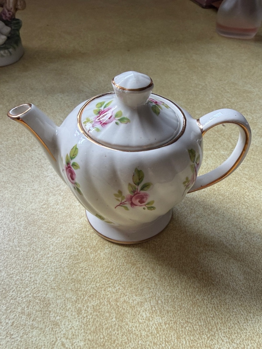 Mini Sandler White Porcelain Teapot with Pink Rose Floral and Gold Trim